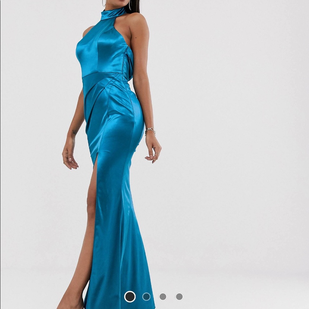Halter neck satin dress in teal.